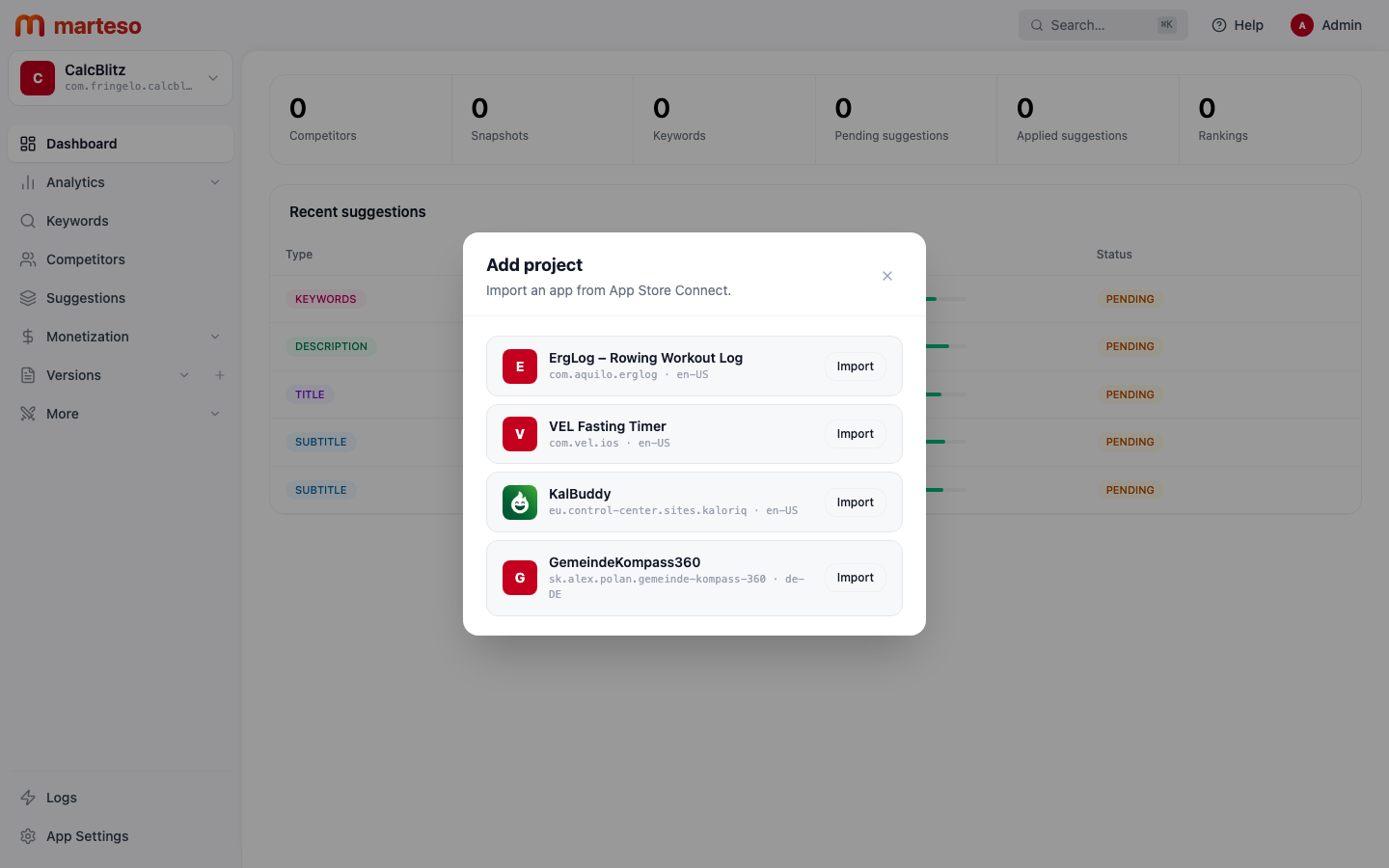 Add project screen showing apps available to import from App Store Connect