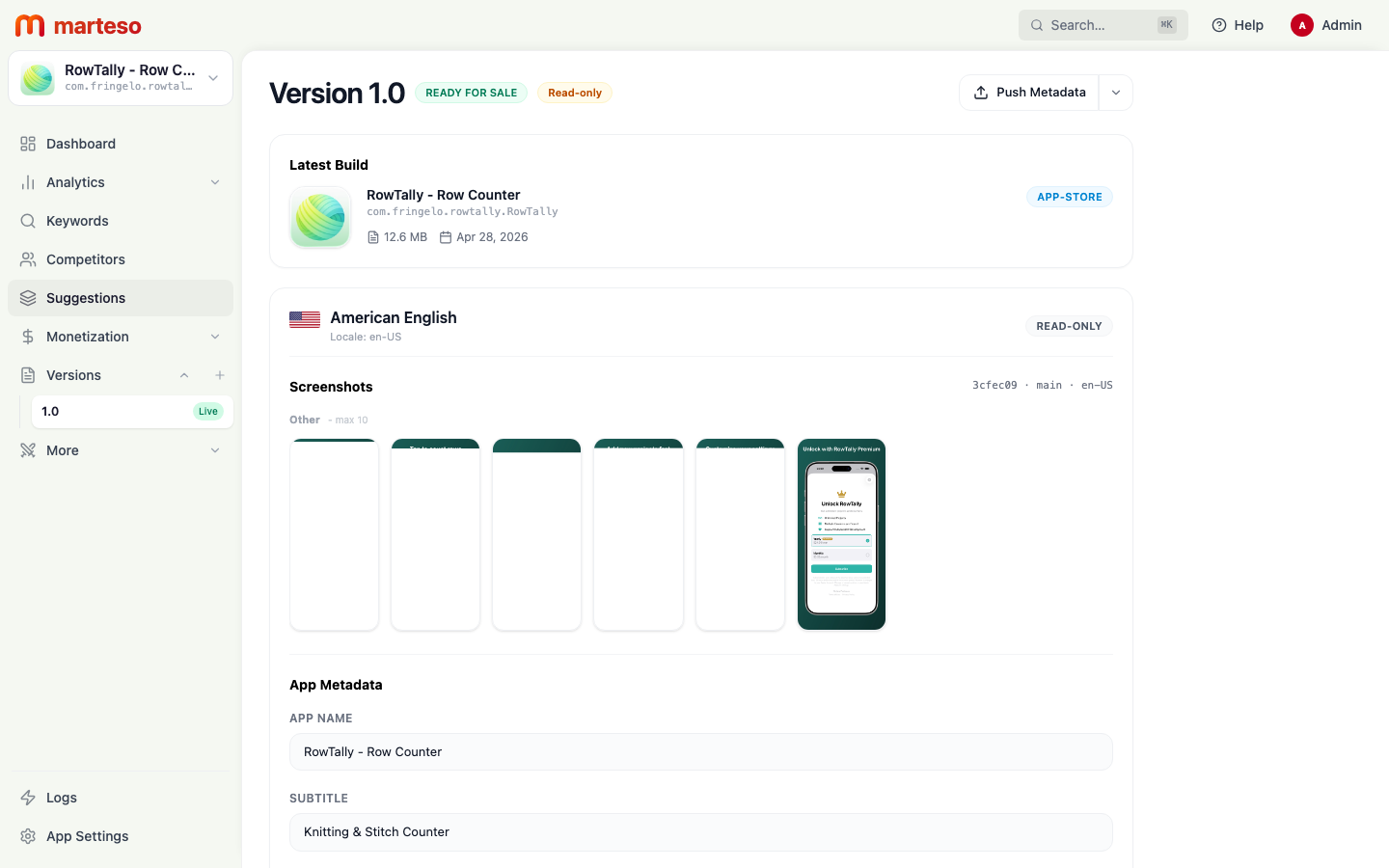 Version metadata view showing App Store fields (name, subtitle, keywords) per locale