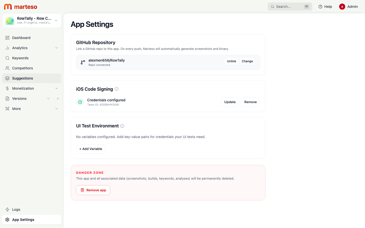 App Settings showing GitHub repository linked and iOS code signing configured
