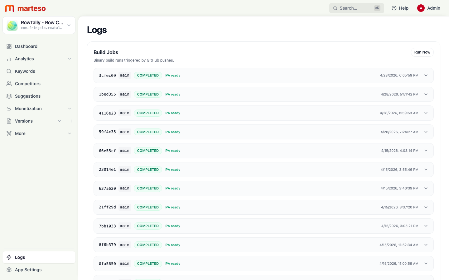 Logs page showing the Build Jobs list with commit hashes, branch, COMPLETED status, and IPA ready badge