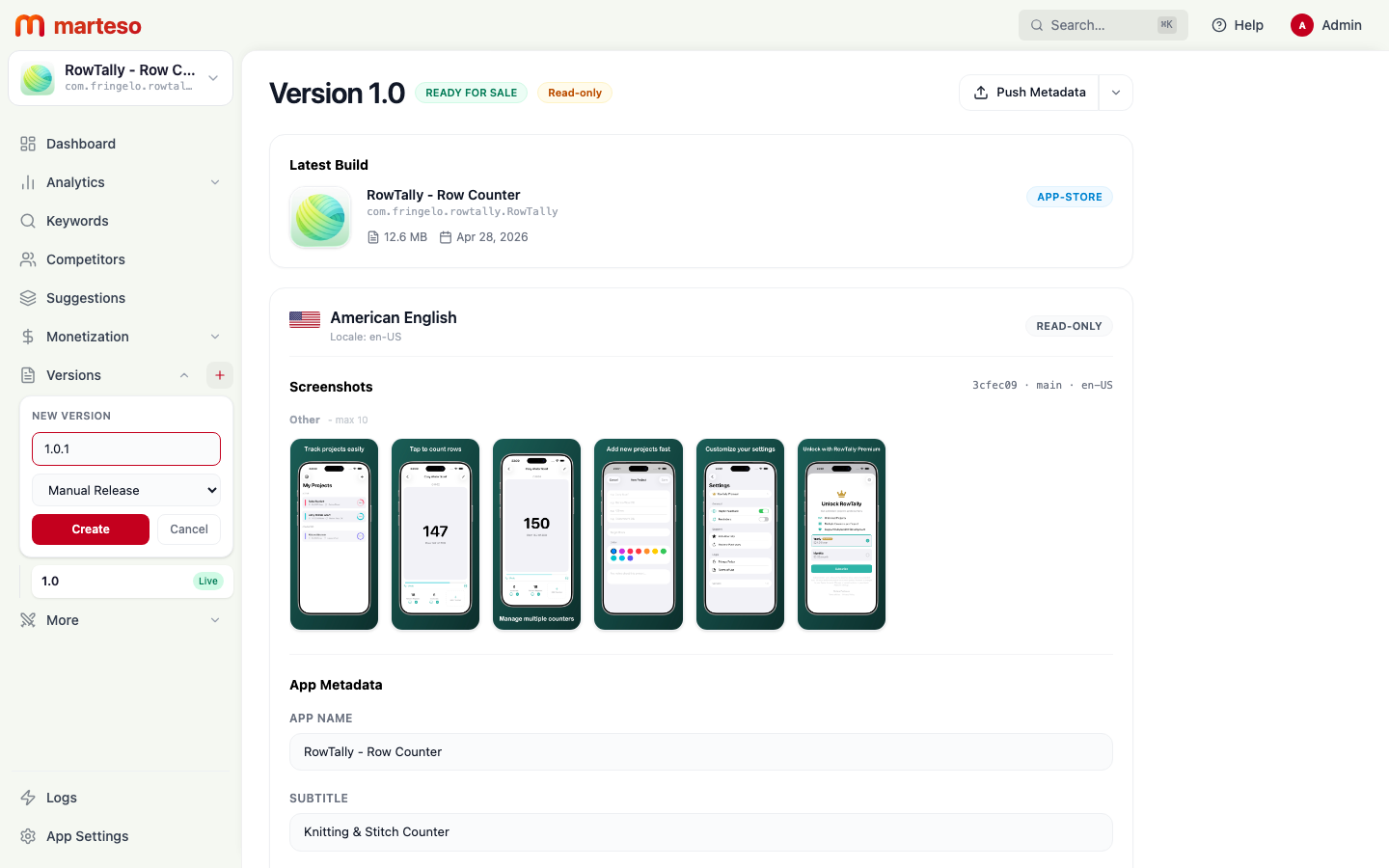 New version inline form in the sidebar showing version number input and Manual Release option
