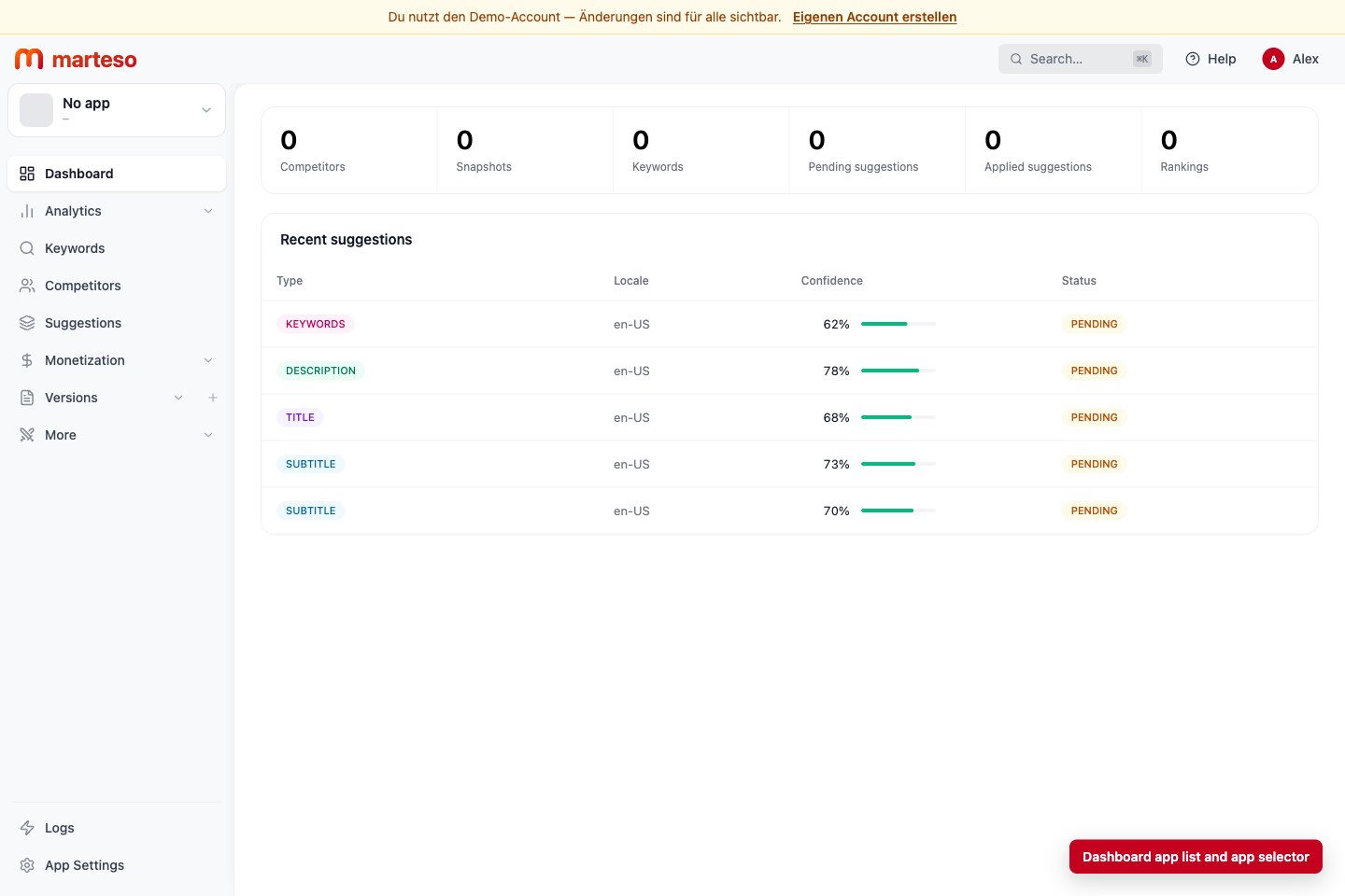 Marteso dashboard with the app selector and app navigation visible.