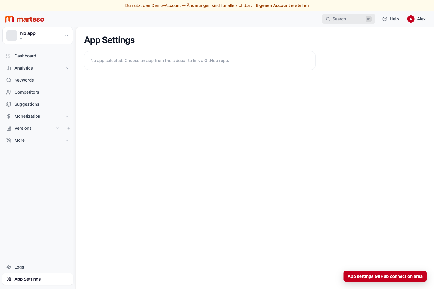 Marteso GitHub connection area in app settings.