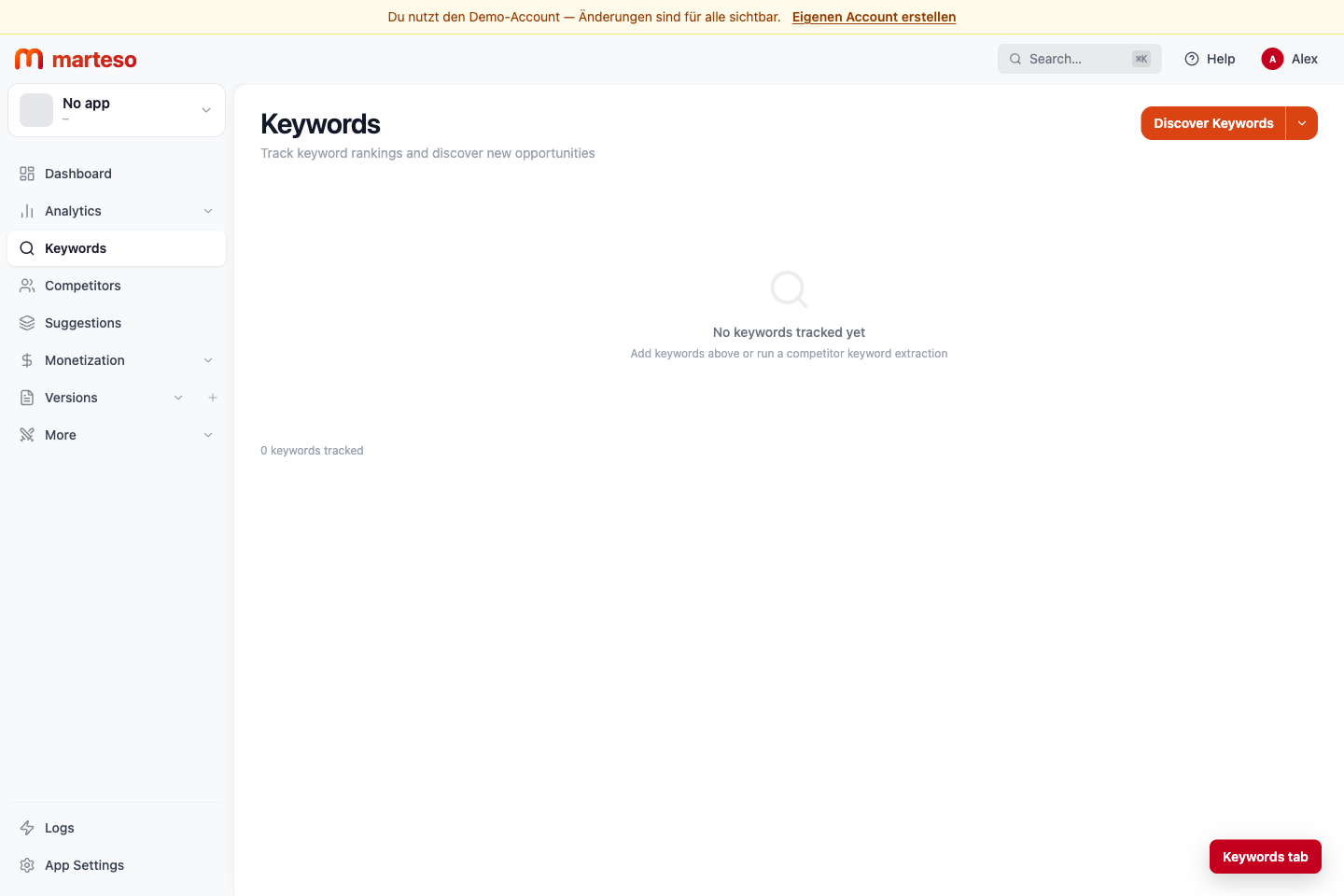 Marteso Keywords tab used for country-specific keyword tracking.
