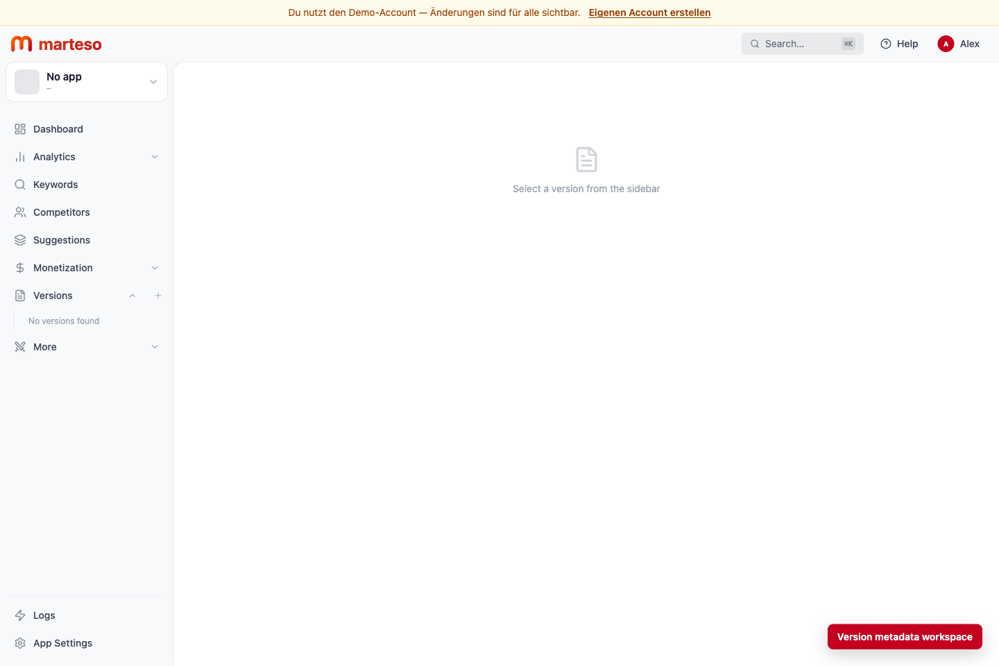 Marteso Version Management workspace used to manage app metadata and localized versions.