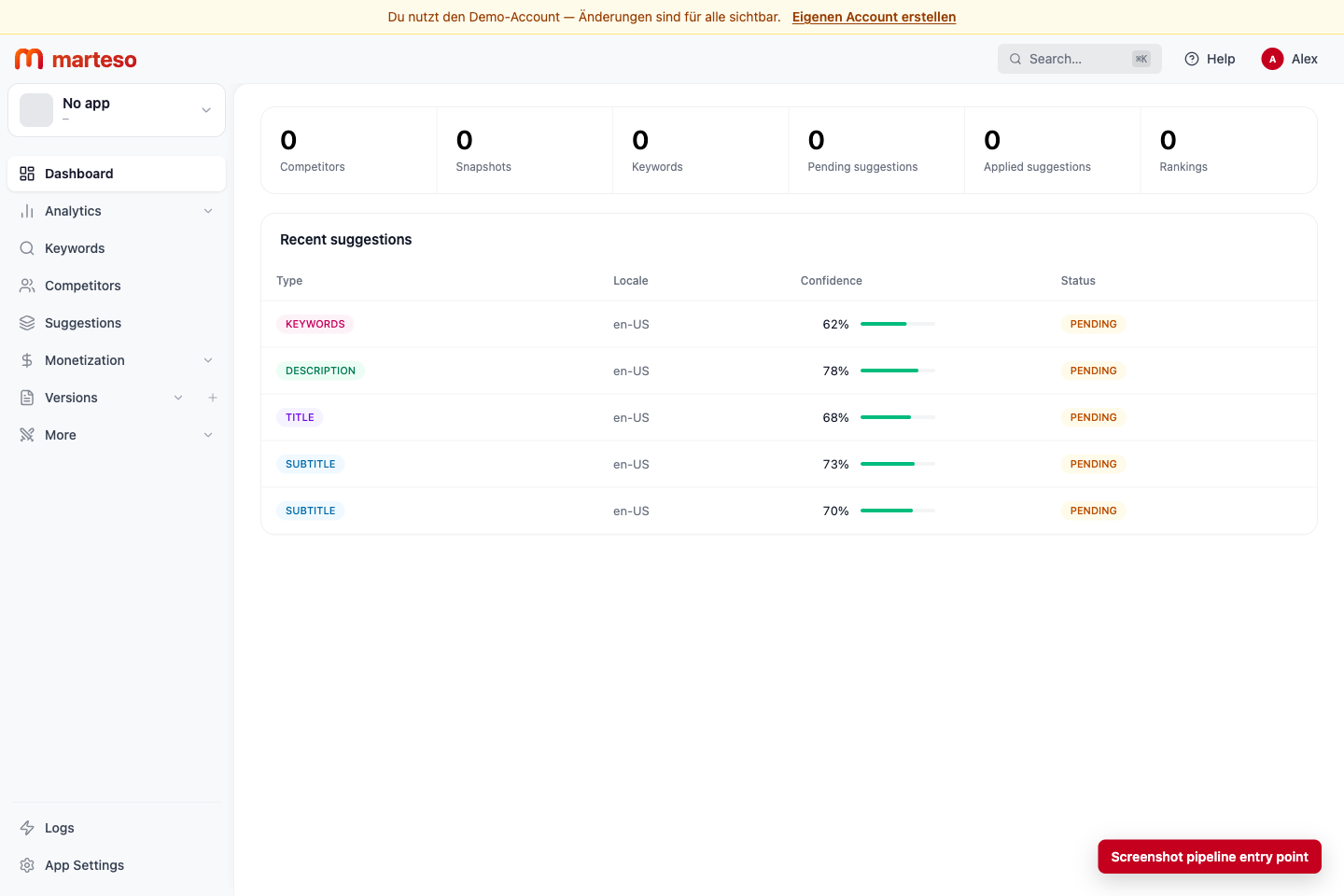 Marteso dashboard showing the app navigation used to reach screenshot pipeline setup.