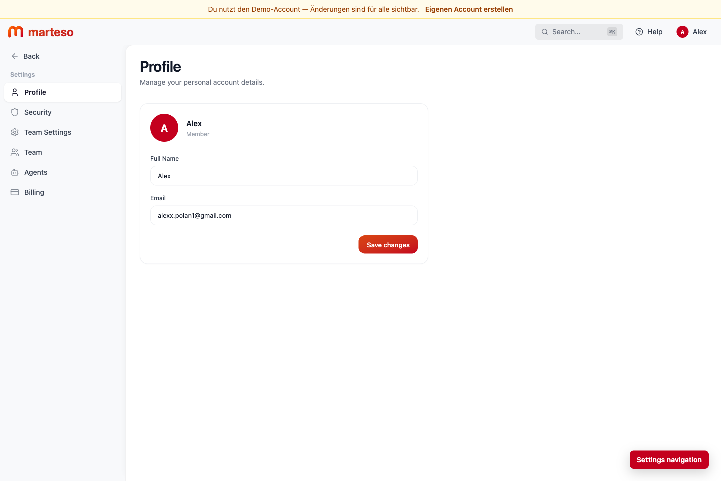 Marteso settings area where App Store Connect and GitHub integrations are configured.