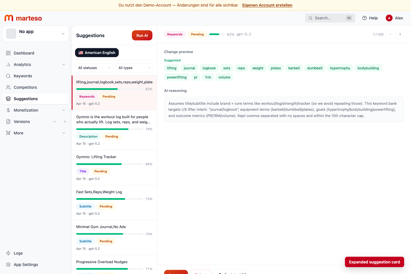 A Marteso suggestion view with suggested metadata and review controls.