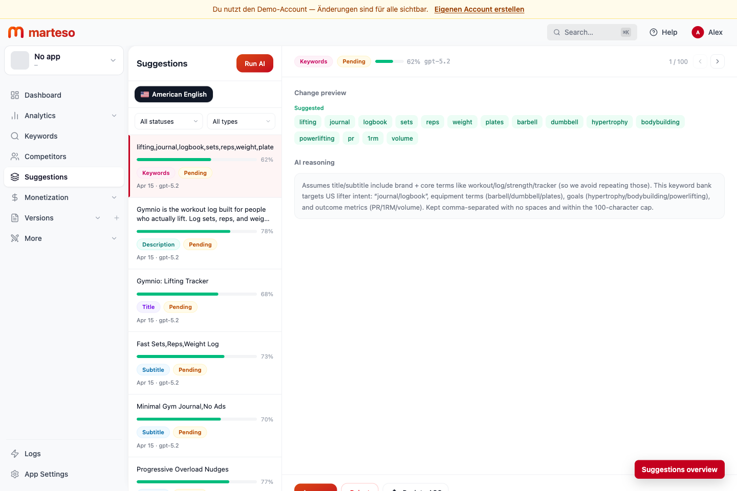 Marteso Suggestions tab with pending title, subtitle, keyword, and description suggestions.