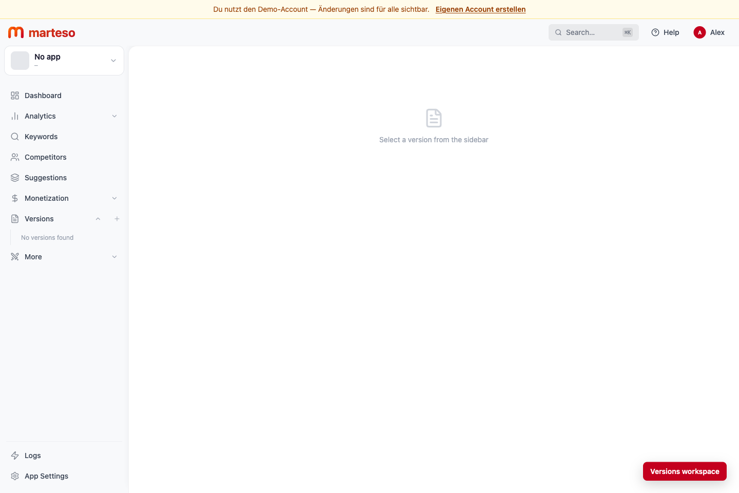 Marteso Version Management workspace where app versions and languages are managed.